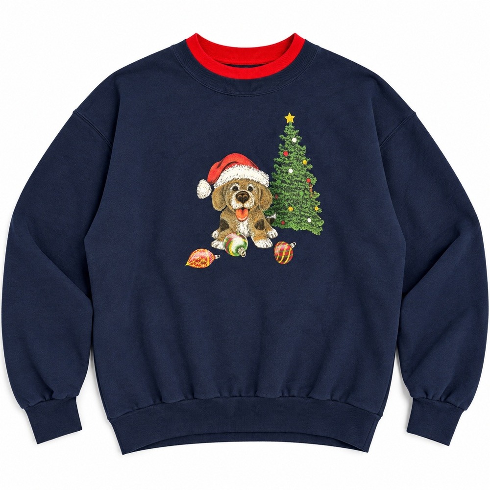 Vtg 90s Christmas Puppy Dog Santa Hat Navy Blue Double Collar 2X ugly sweater